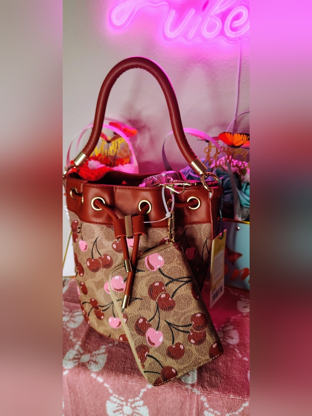 Cherry-Print Bucket Shoulder Bag in Brown and Pink